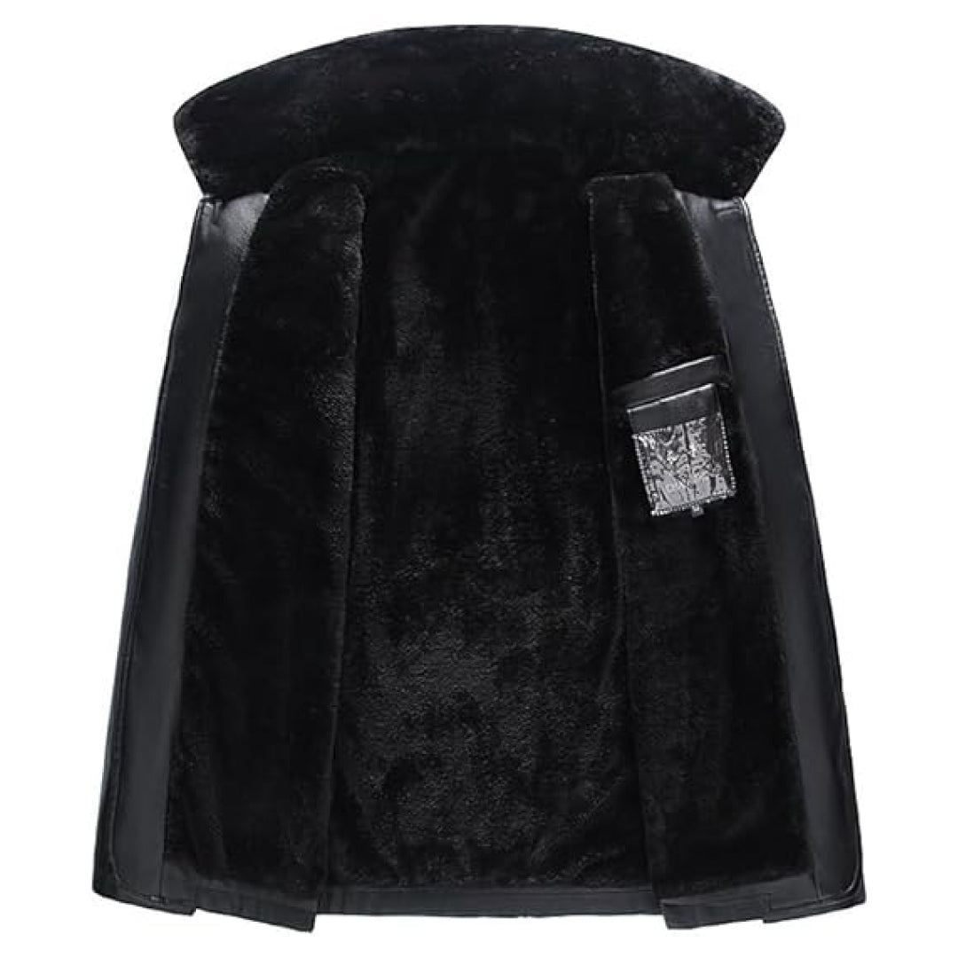 Men's Black Removable Fur Collar Leather Coat