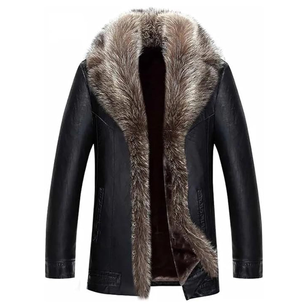 Men's Black Raccoon Fur Collar Real Leather Coat