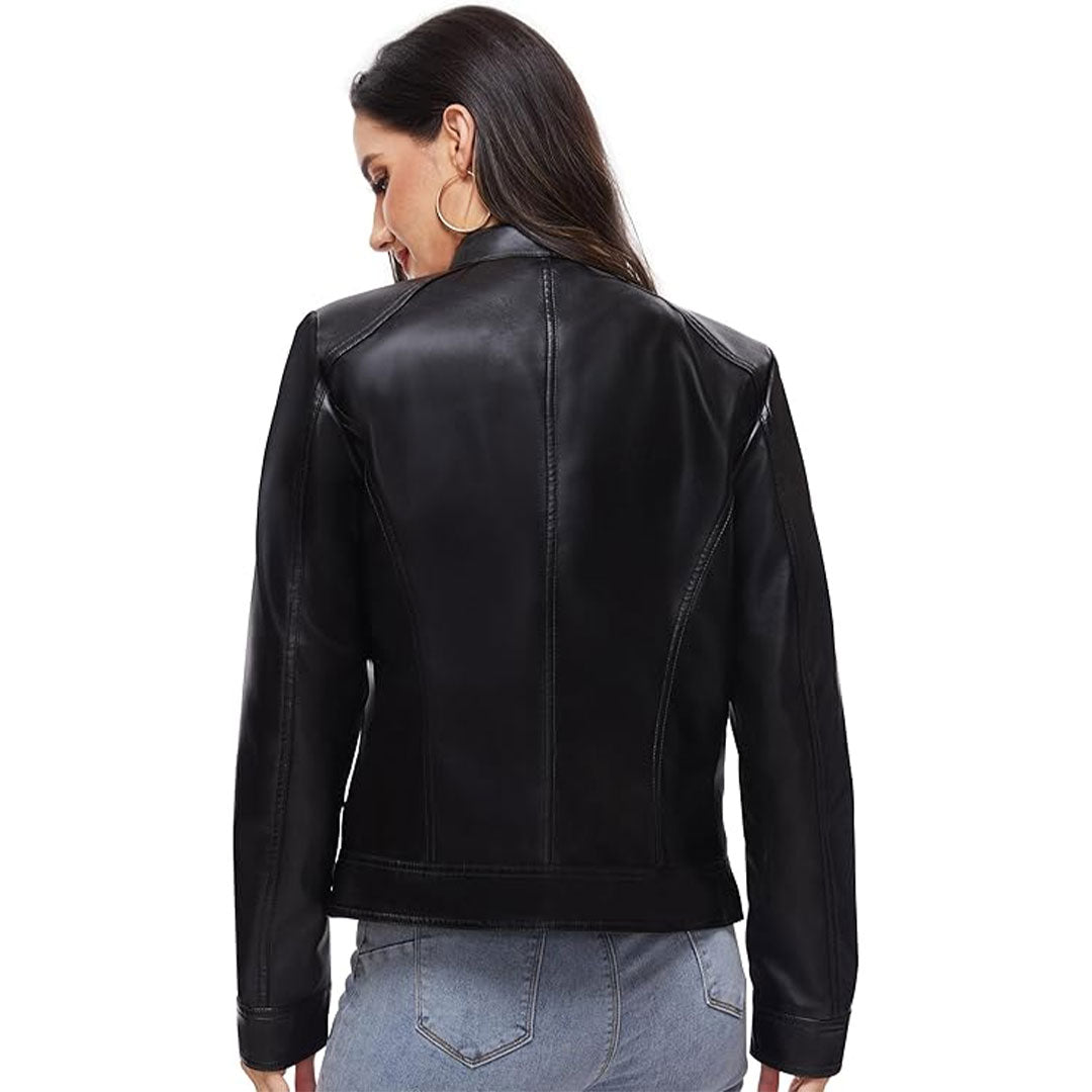 Women's Stand Up Collar Moto Leather Jacket