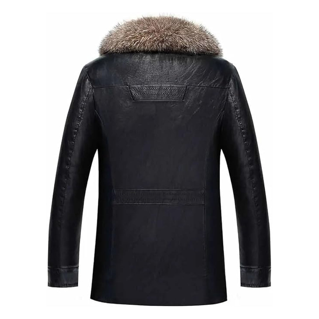 Men's Black Raccoon Fur Collar Real Leather Coat