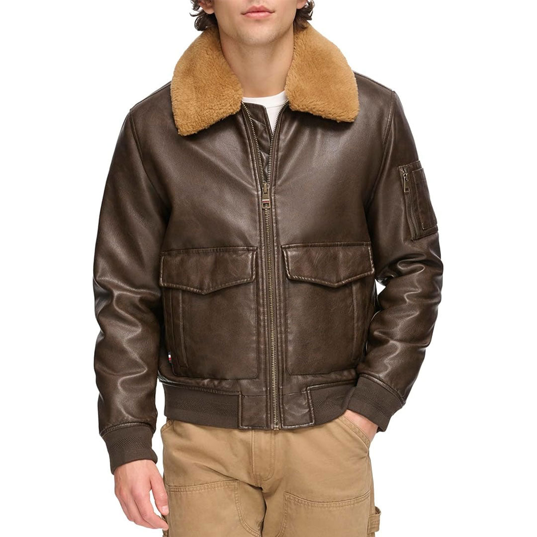 Men's Fur Collar Leather Bomber Jacket