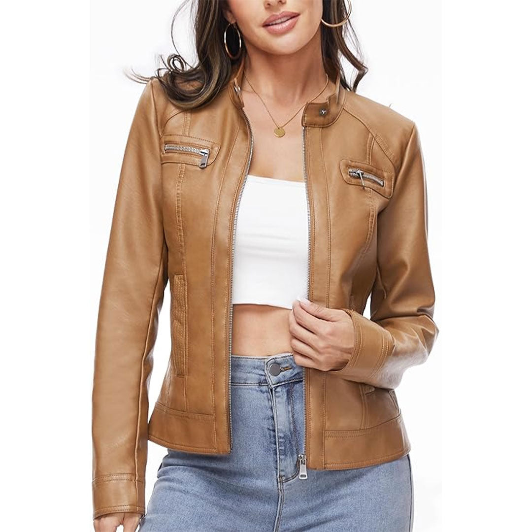 Women's Stand Up Collar Moto Leather Jacket