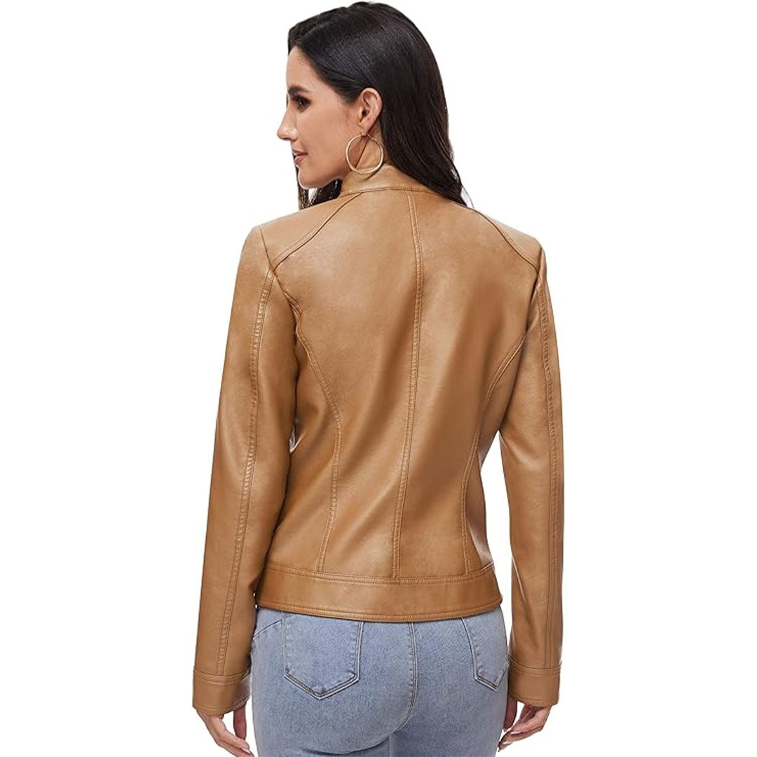 Women's Stand Up Collar Moto Leather Jacket