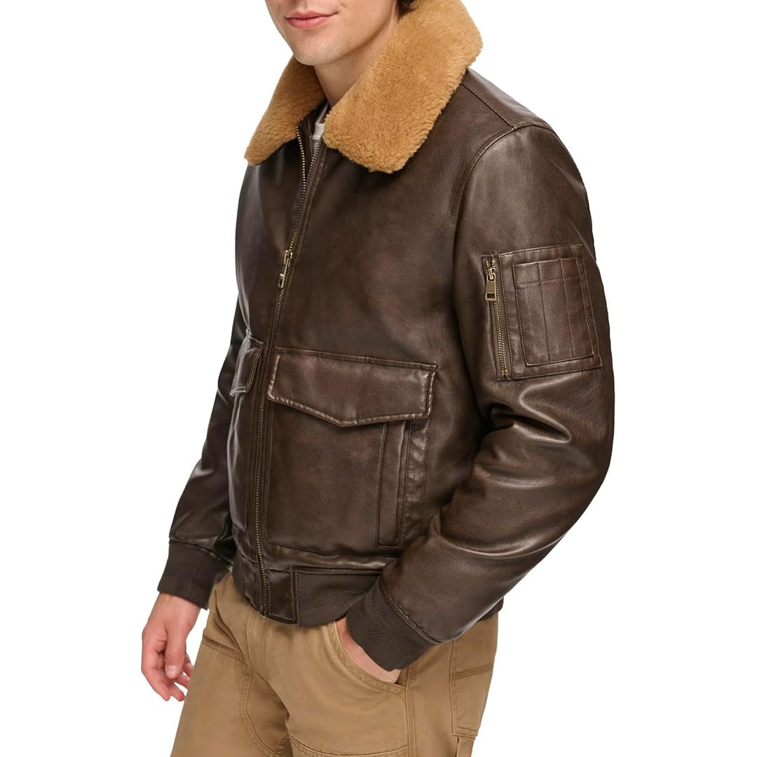 Men's Fur Collar Leather Bomber Jacket