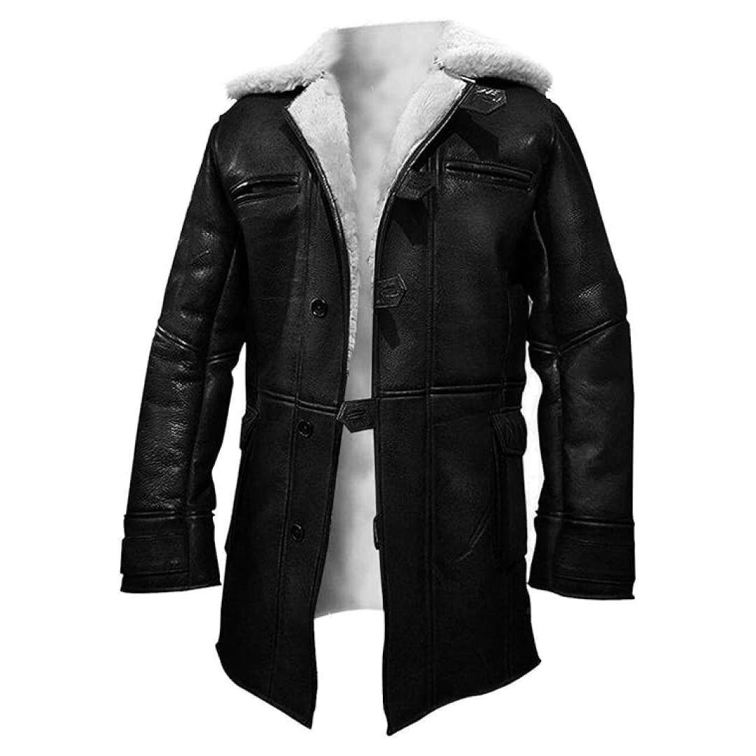 Men's Black Military Bane Knight Rises Shearling Leather Coat