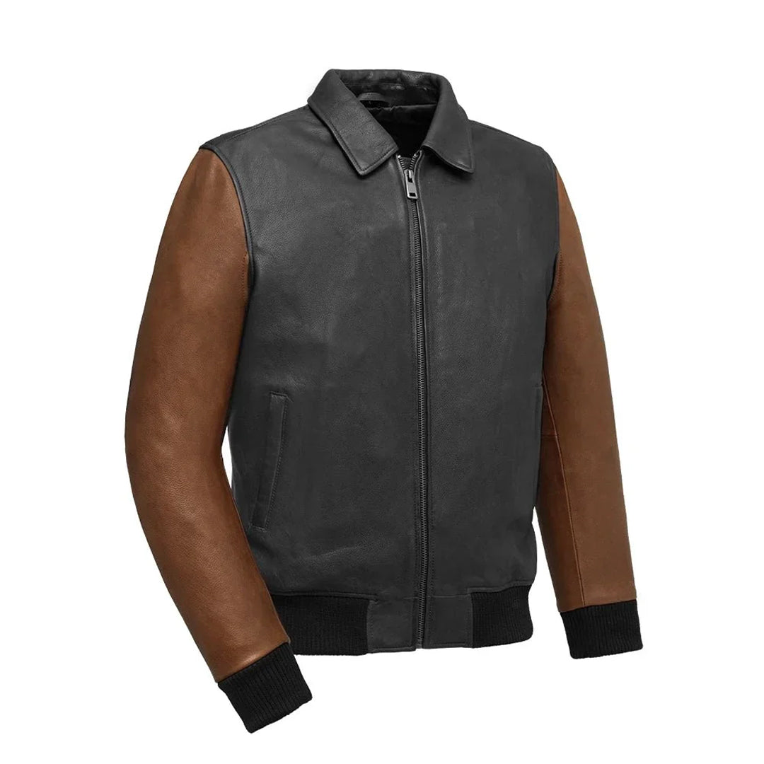 Men's Brown Moto Bomber Two Tone Leather Jacket