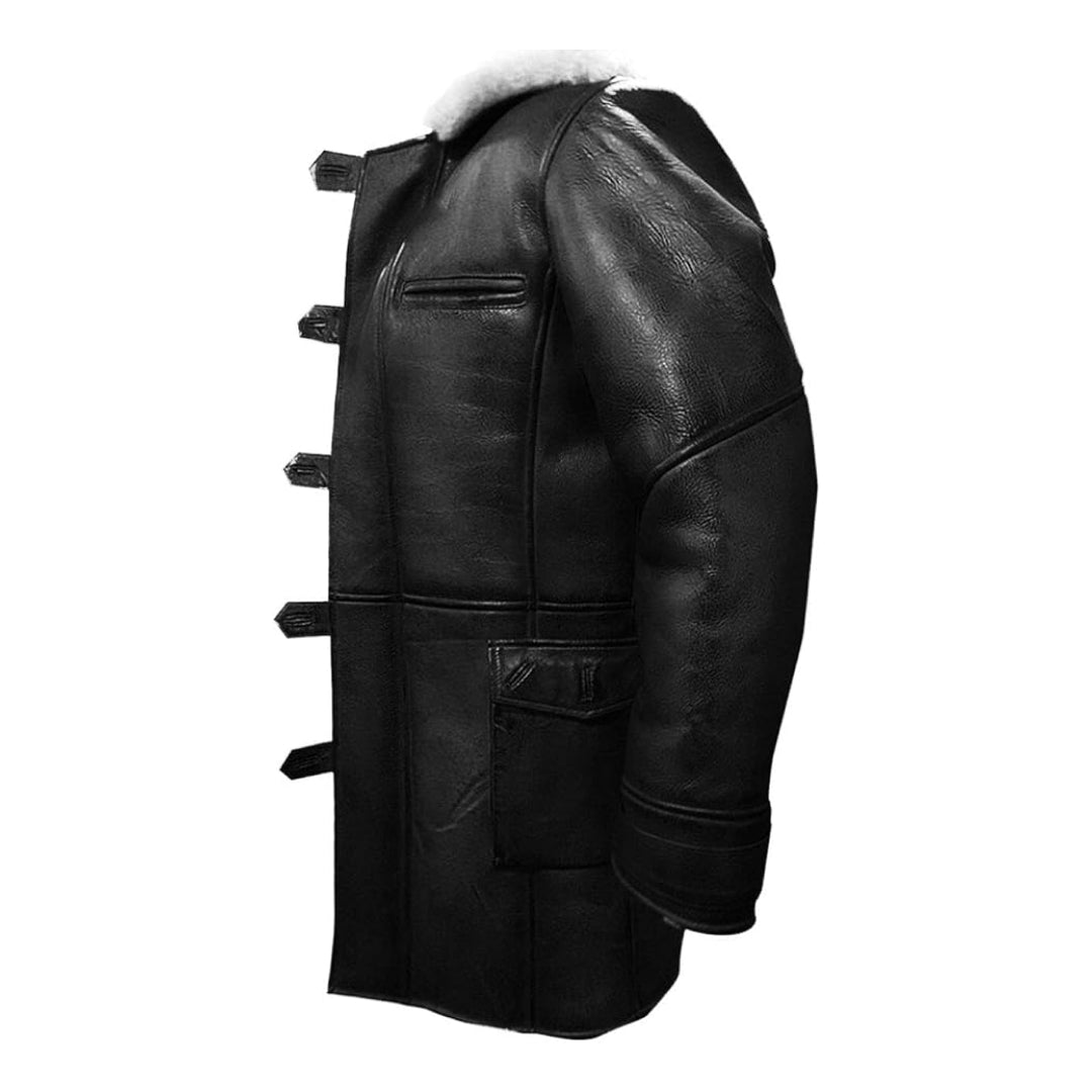 Men's Black Military Bane Knight Rises Shearling Leather Coat