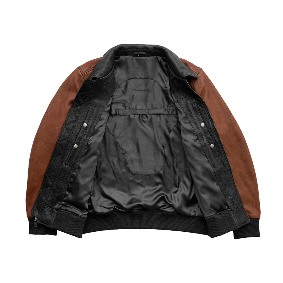 Men's Brown Moto Bomber Two Tone Leather Jacket