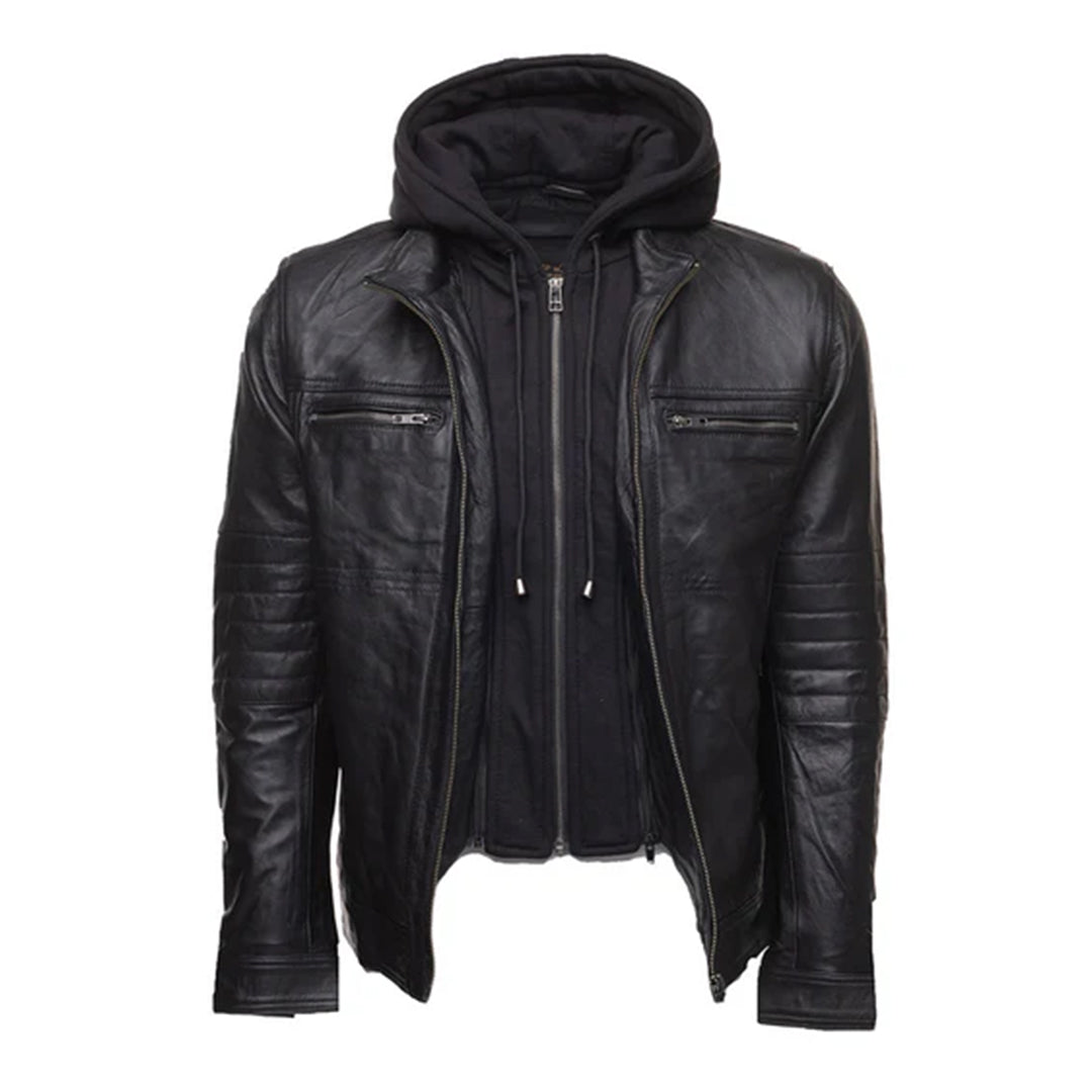 Men's Black Wilder Removable Hoodie Leather Jacket