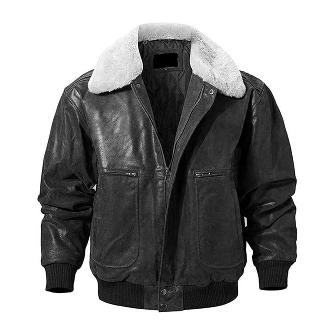 Men’s Real Leather Fur Collar Bomber Jacket