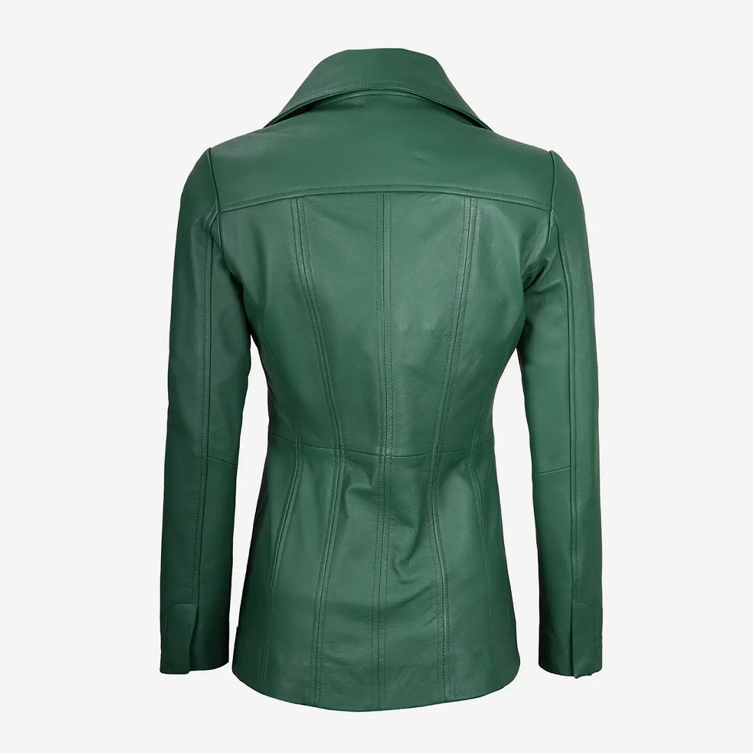 Women's Three Button Green Leather Coat