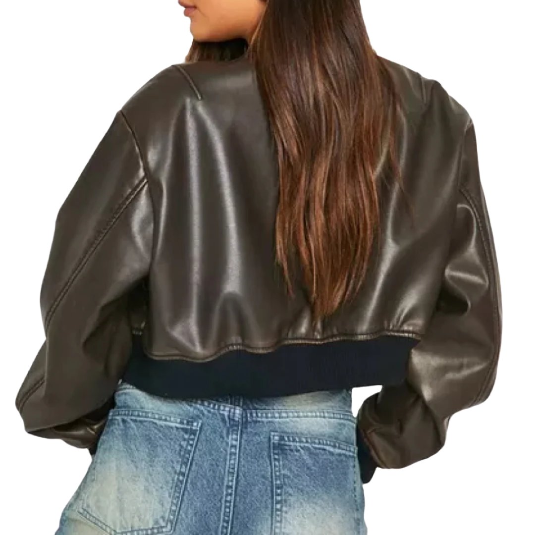 Women's Faux Leather Oversized Cropped Bomber Jacket