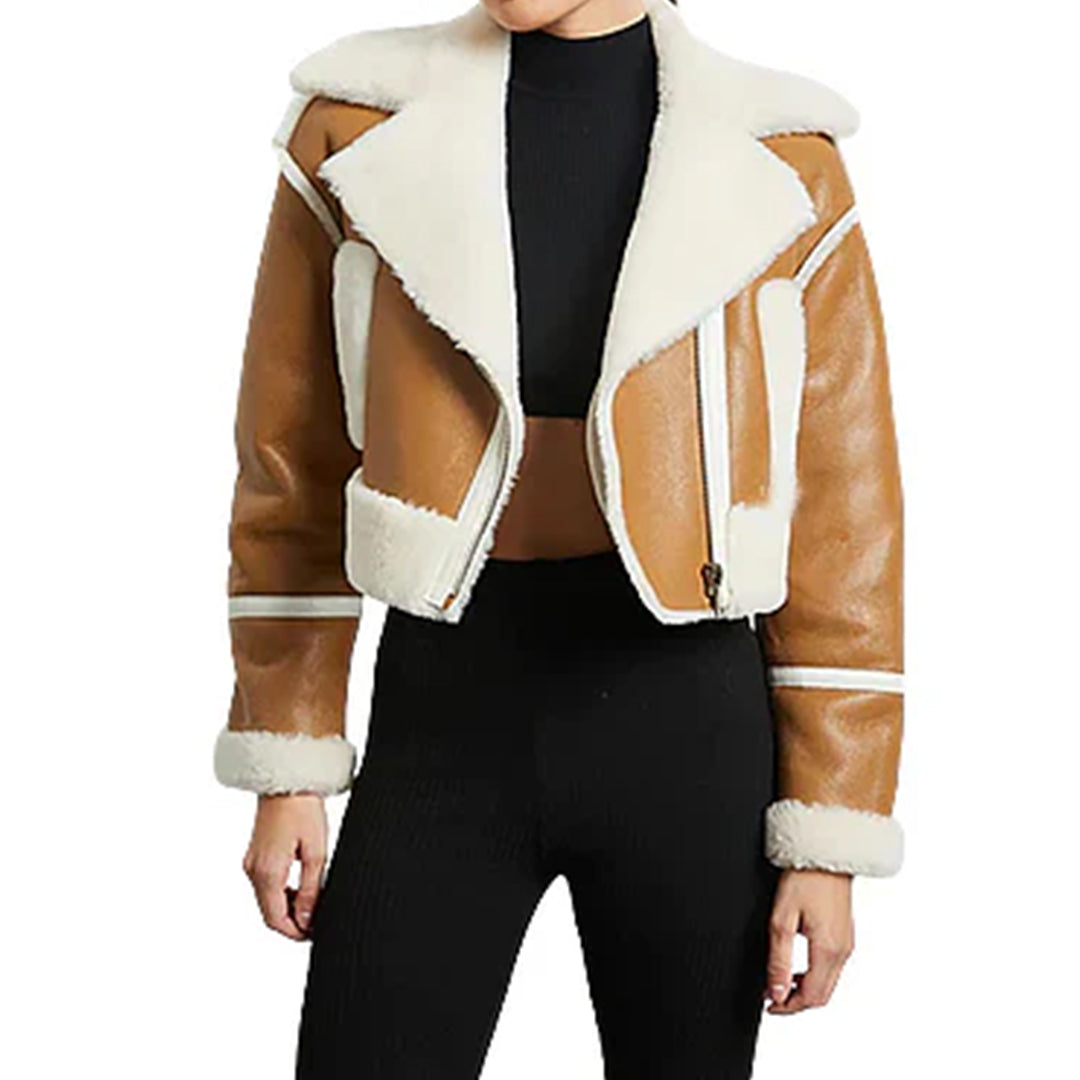 Women's Shearling Asymmetrical Leather Cropped Jacket