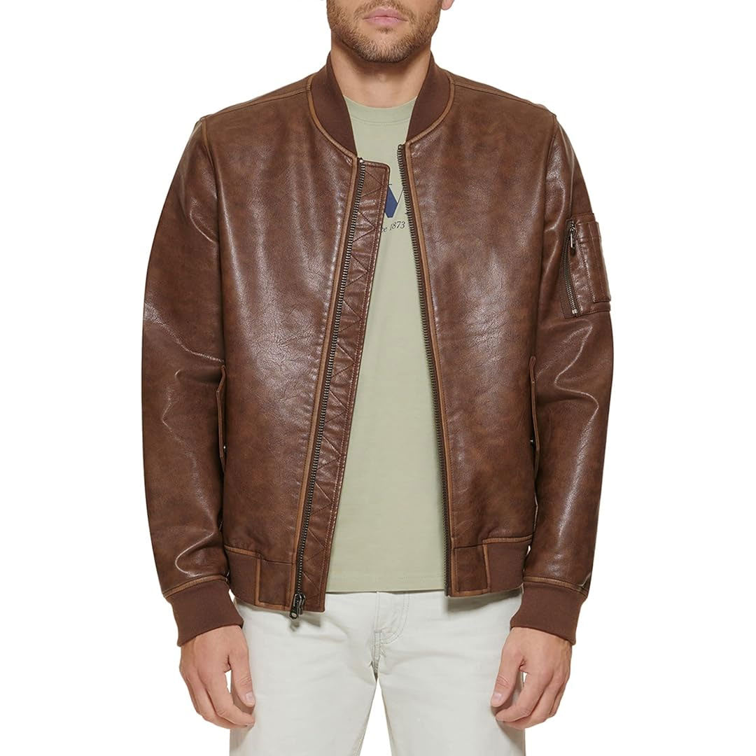 Men's Full Zip Real Leather Bomber Jacket