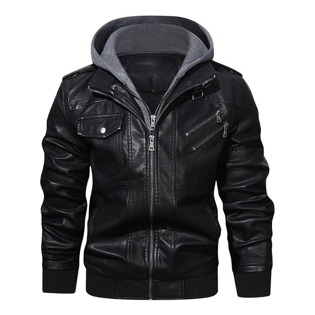 Men's Removable Hood Moto Leather Bomber Jacket