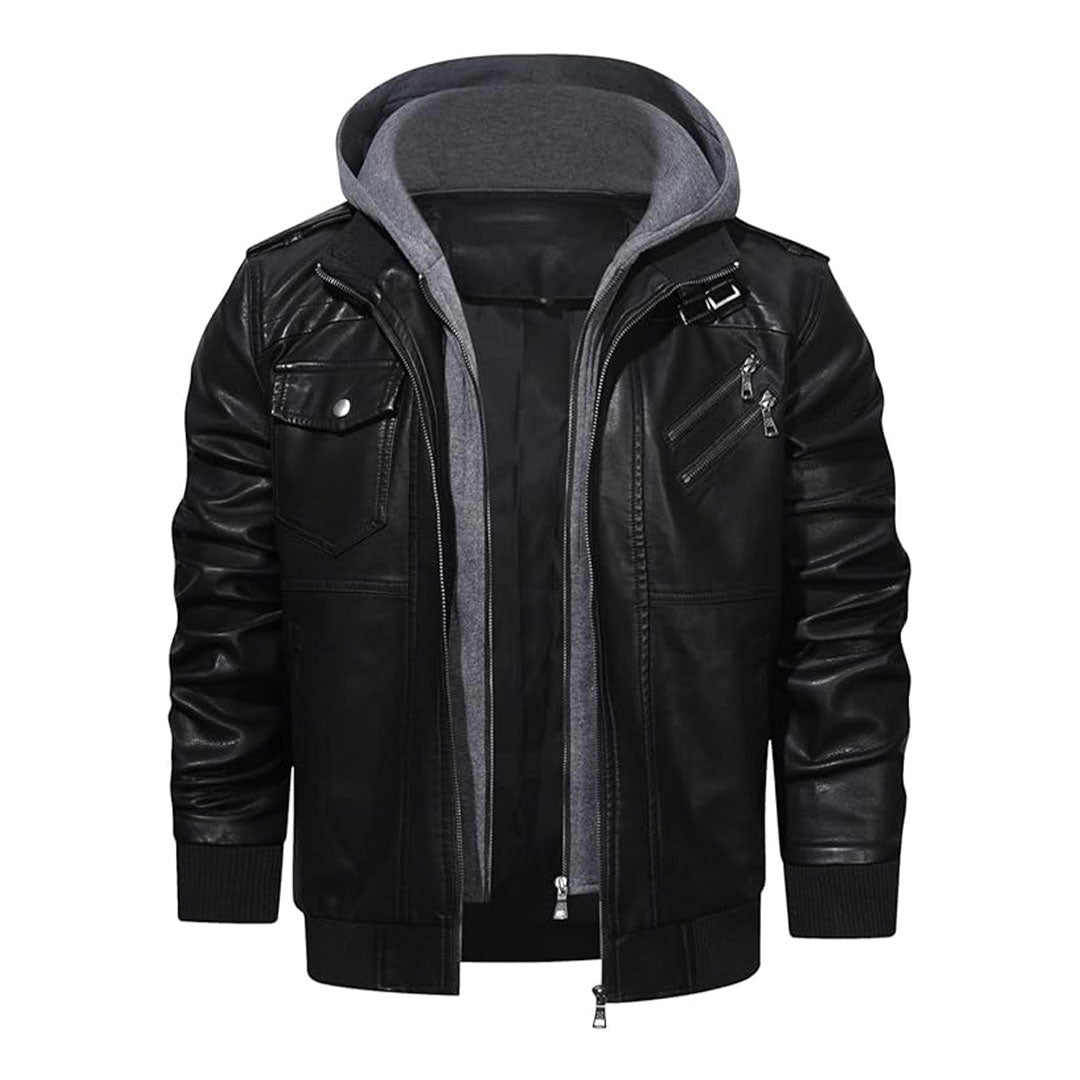 Men's Removable Hood Moto Leather Bomber Jacket