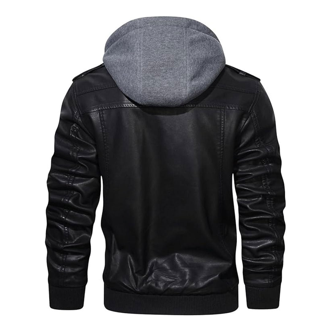 Men's Removable Hood Moto Leather Bomber Jacket