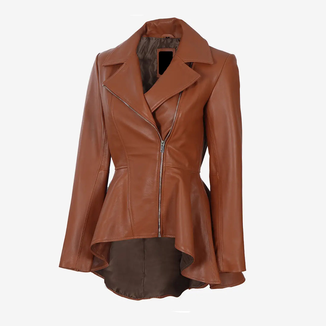 Women's Asymmetrical Cognac Peplum Leather Jacket