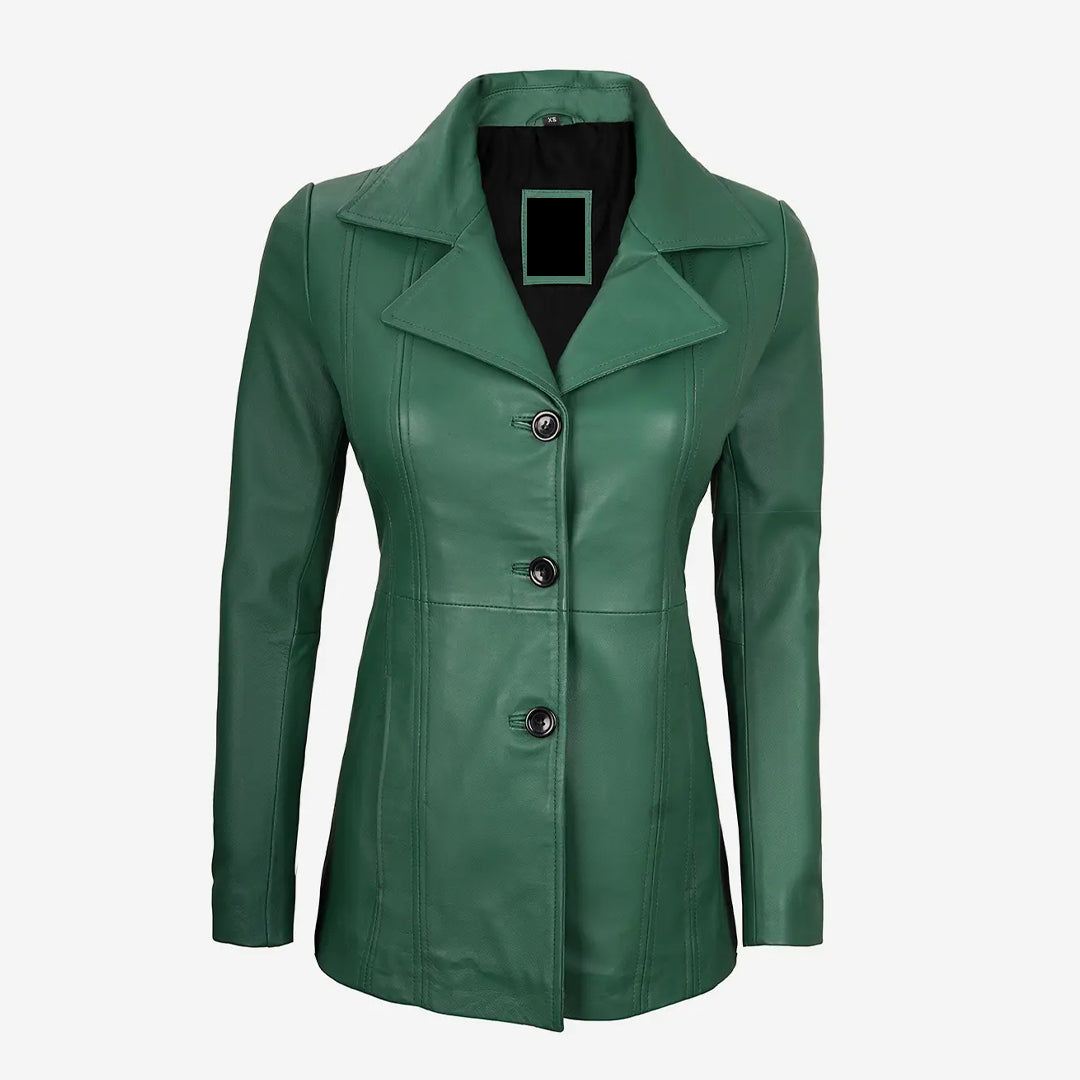 Women's Three Button Green Leather Coat