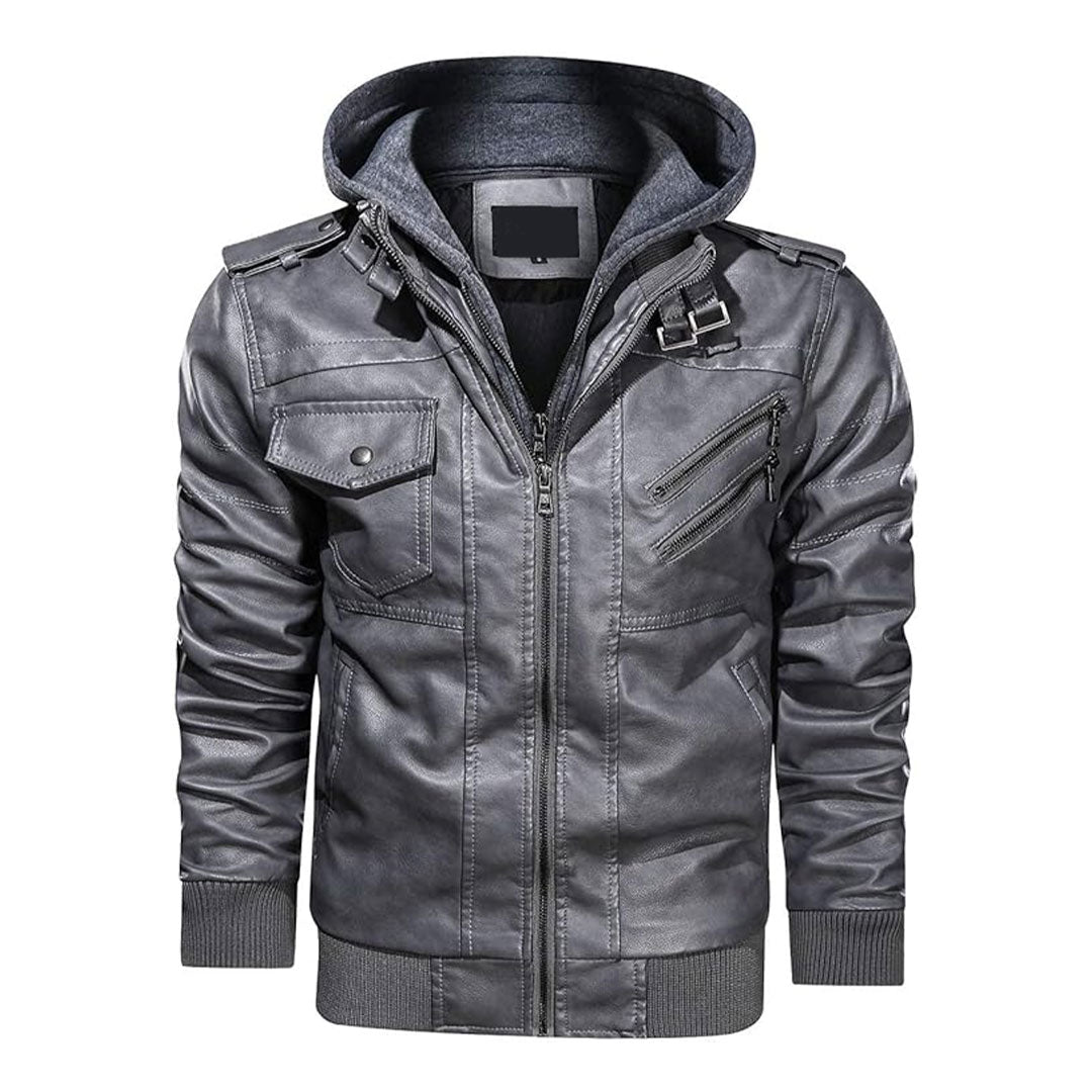 Men's Removable Hood Moto Leather Bomber Jacket