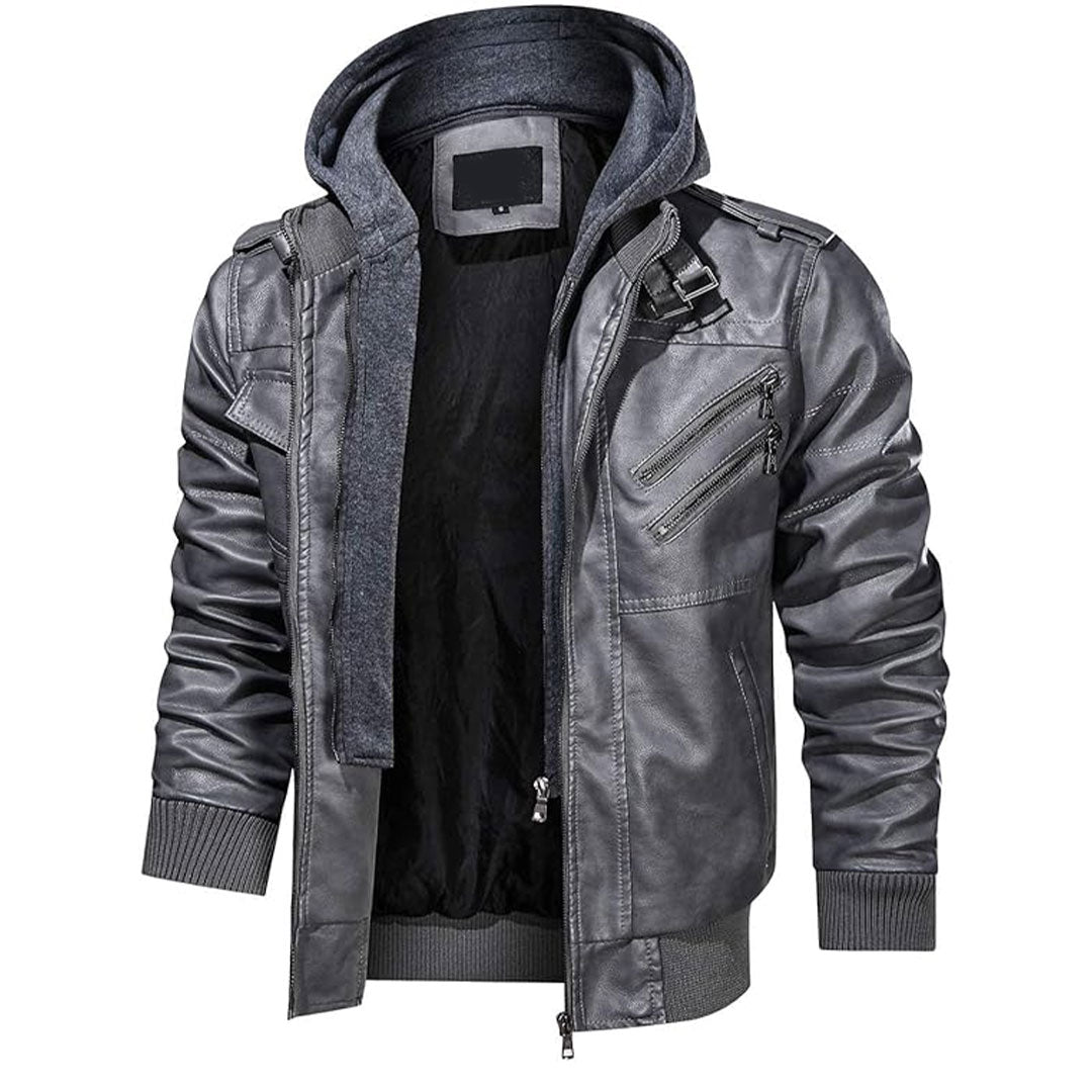 Men's Removable Hood Moto Leather Bomber Jacket