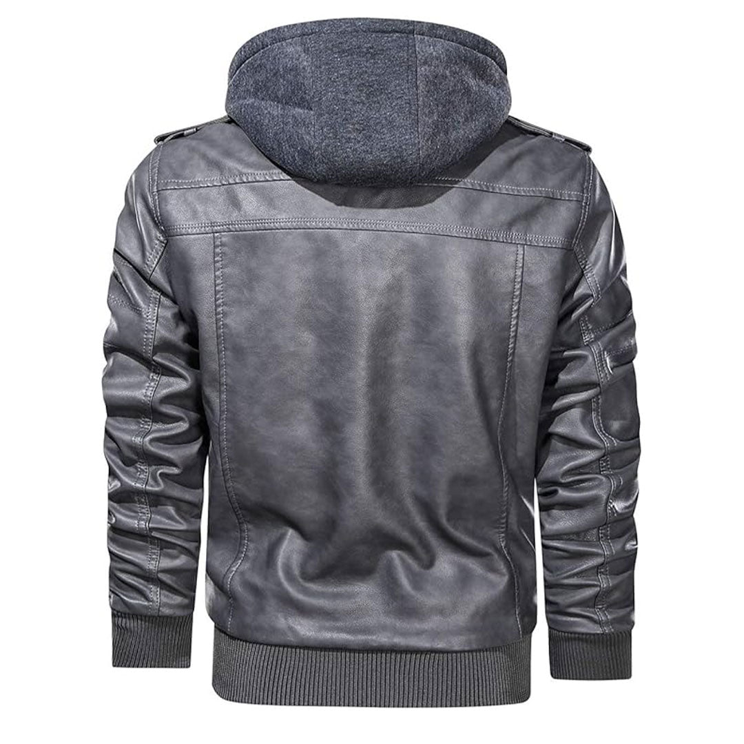 Men's Removable Hood Moto Leather Bomber Jacket