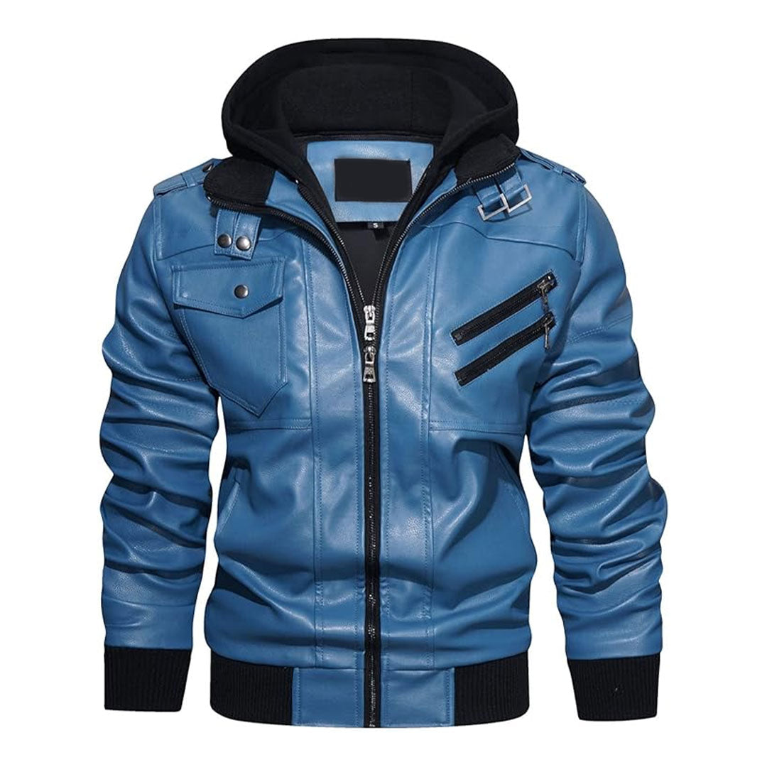 Men's Removable Hood Moto Leather Bomber Jacket