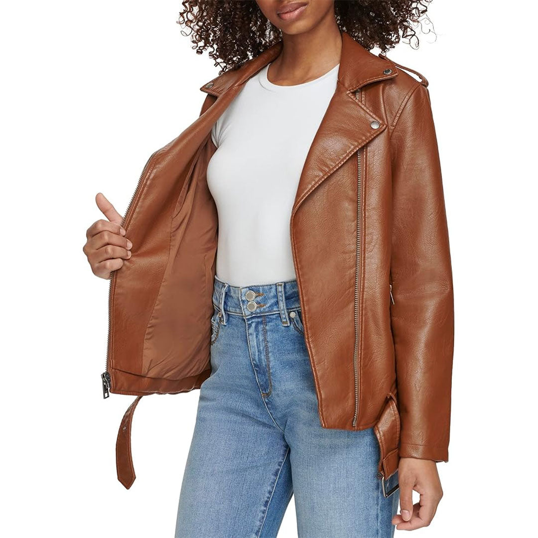 Women's Removable Fur Belted Waist Suede Leather Jacket