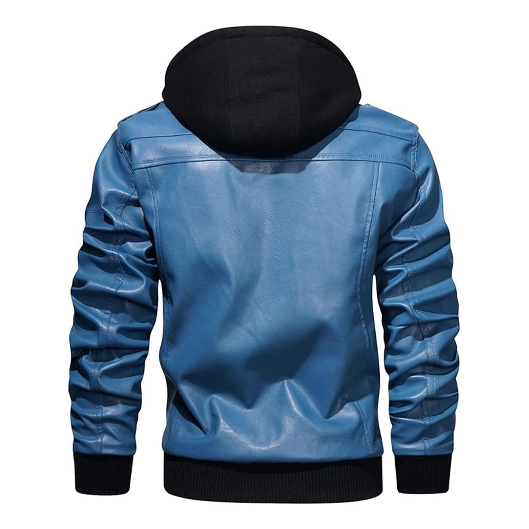 Men's Removable Hood Moto Leather Bomber Jacket