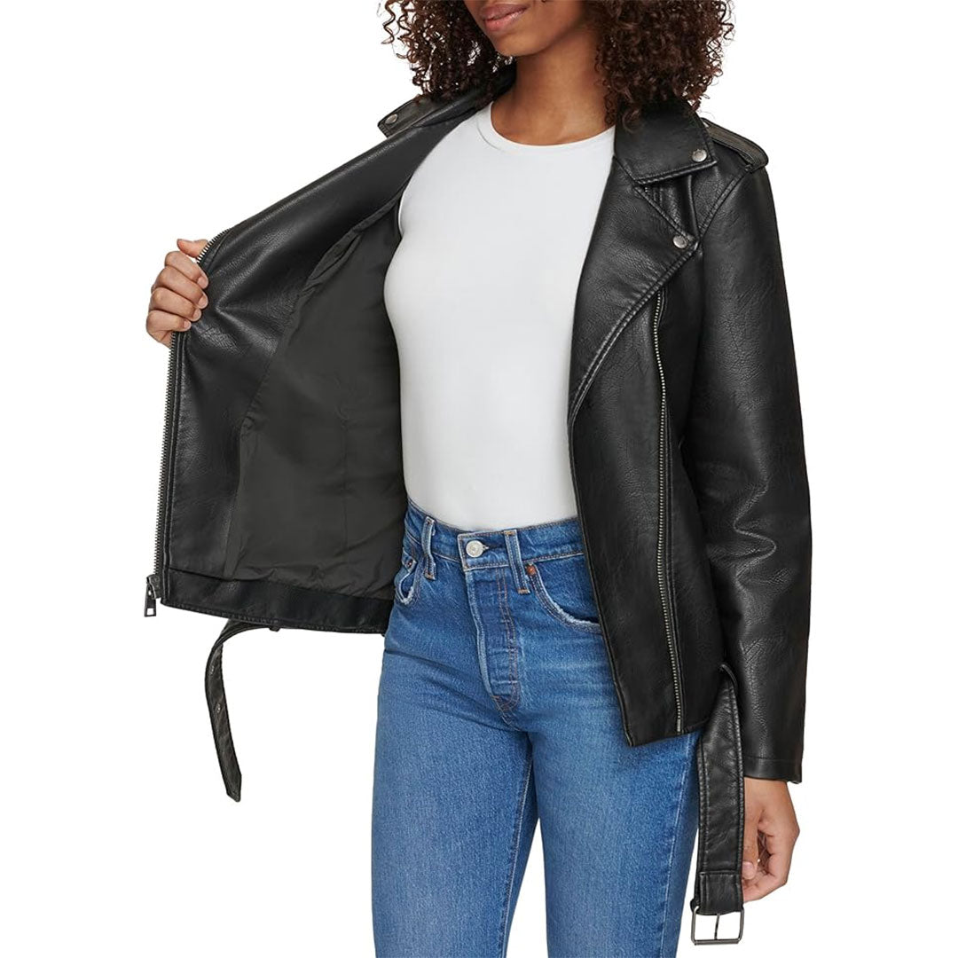 Women's Removable Fur Belted Waist Suede Leather Jacket