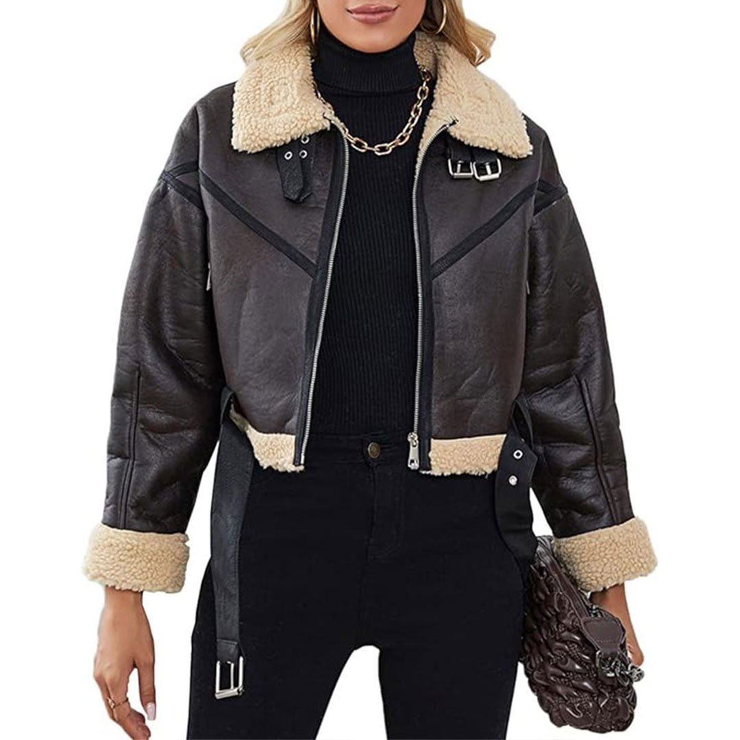 Women's Aviator Adjustable Waist Sherpa Leather Jacket