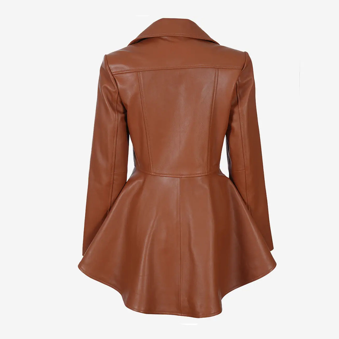 Women's Asymmetrical Cognac Peplum Leather Jacket