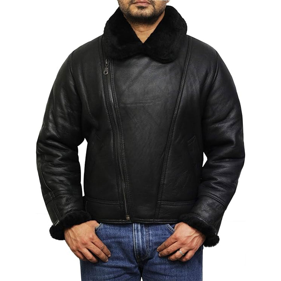 Men's Asymmetrical Aviator Original Leather Fur Jacket