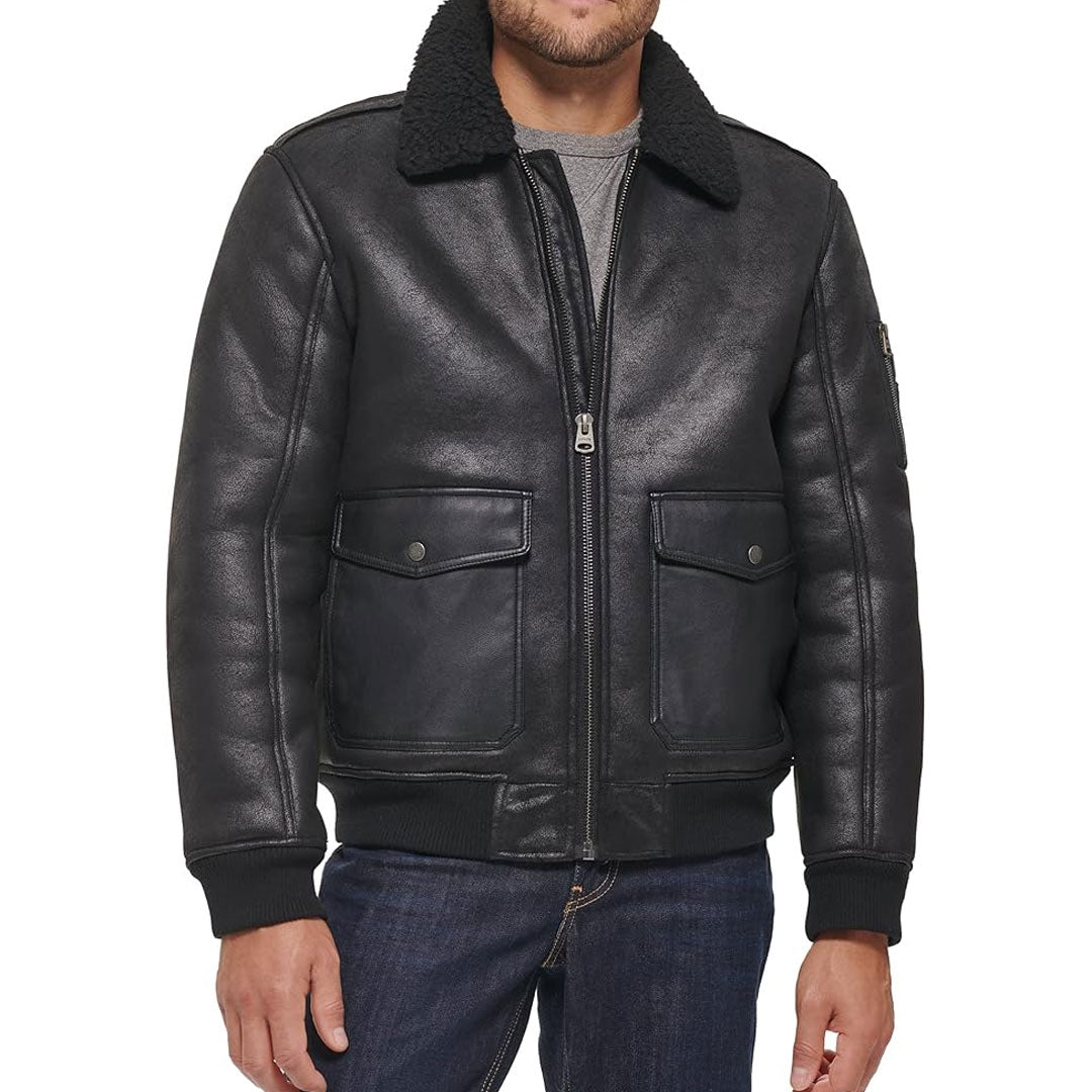 Men's Aviator Black Leather Bomber Jacket