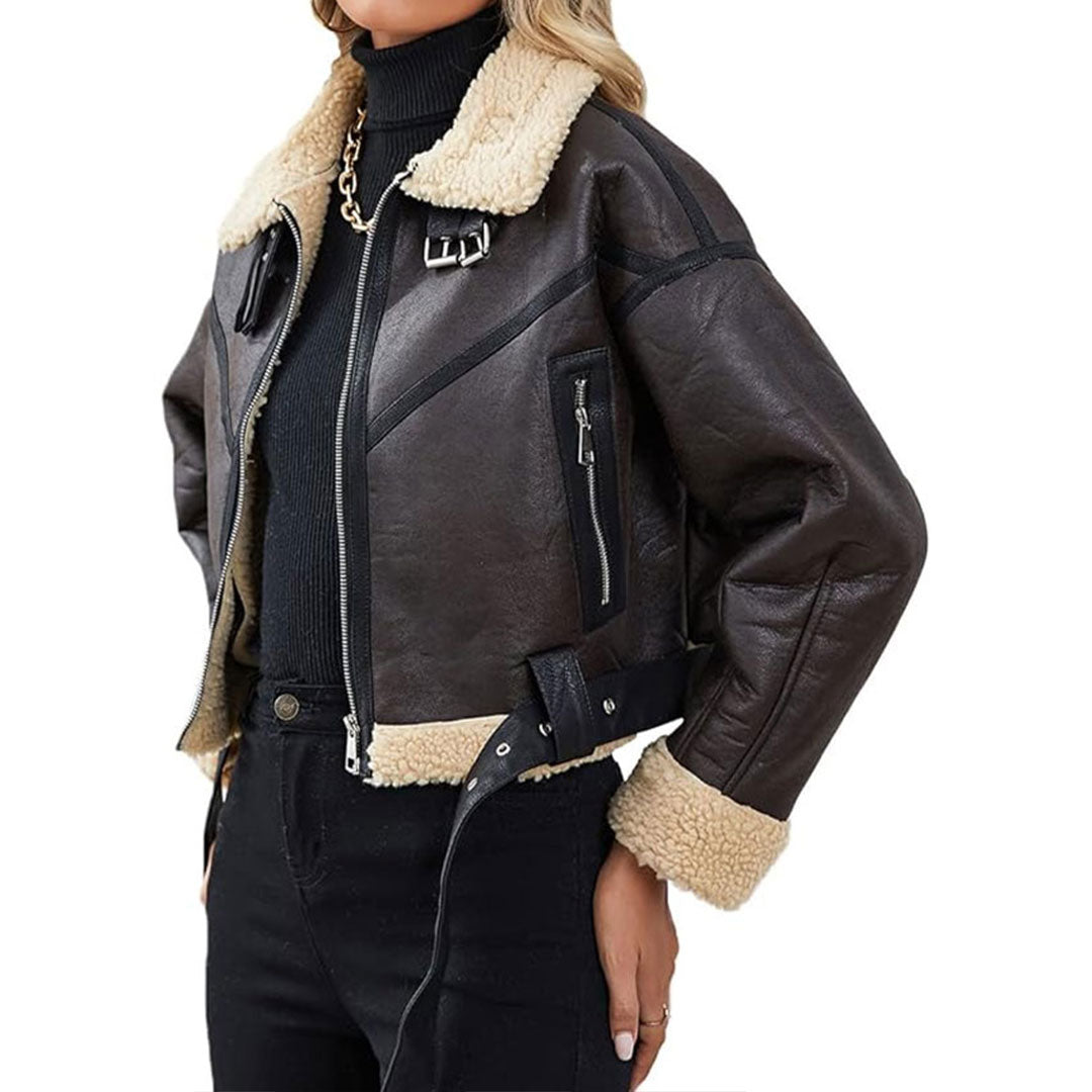 Women's Aviator Adjustable Waist Sherpa Leather Jacket