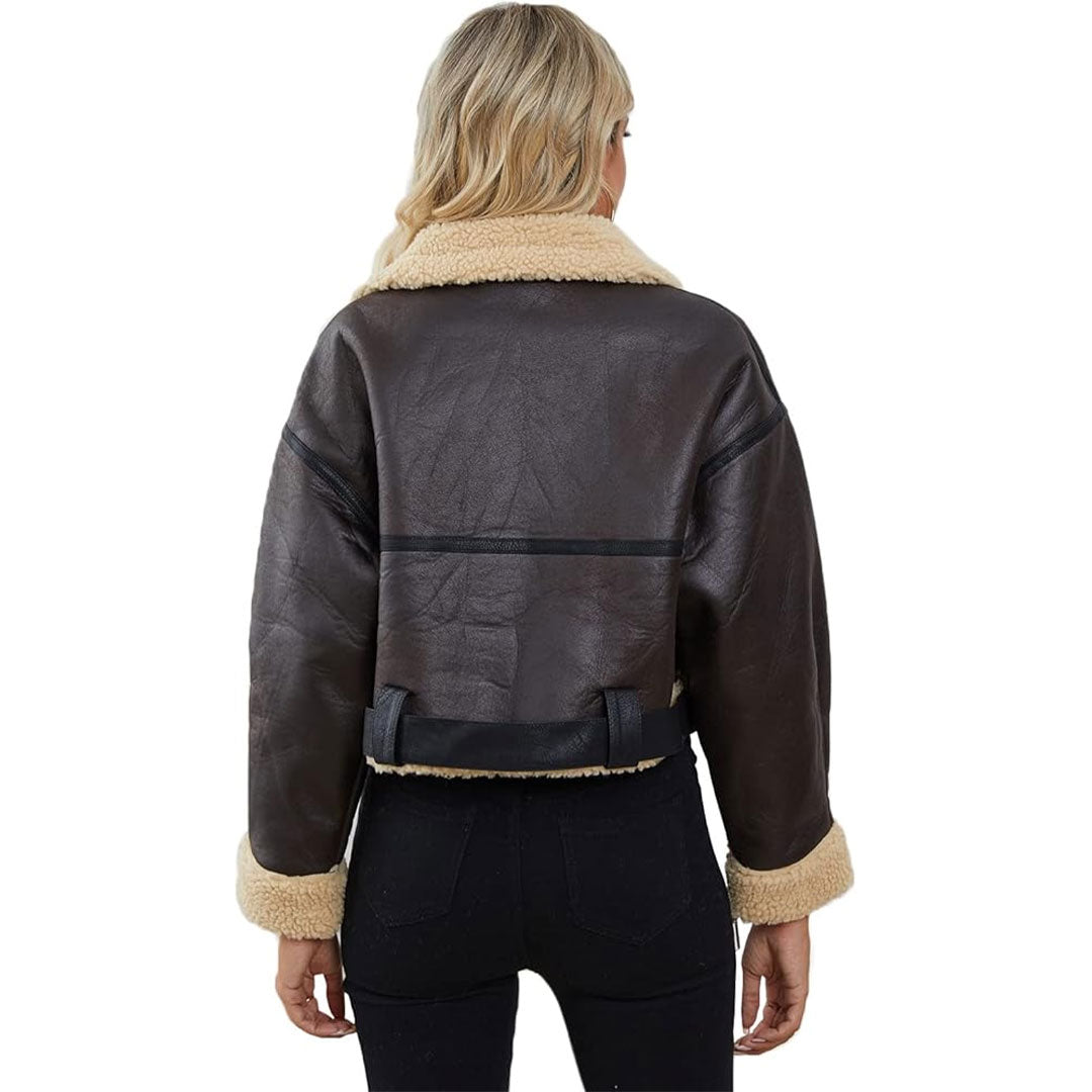 Women's Aviator Adjustable Waist Sherpa Leather Jacket