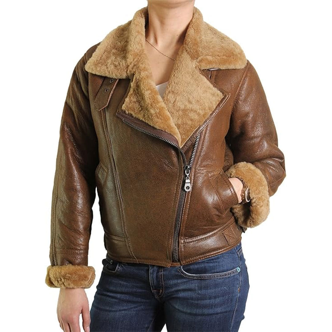 Women's Aviator Bomber Shearling Fur Leather Jacket