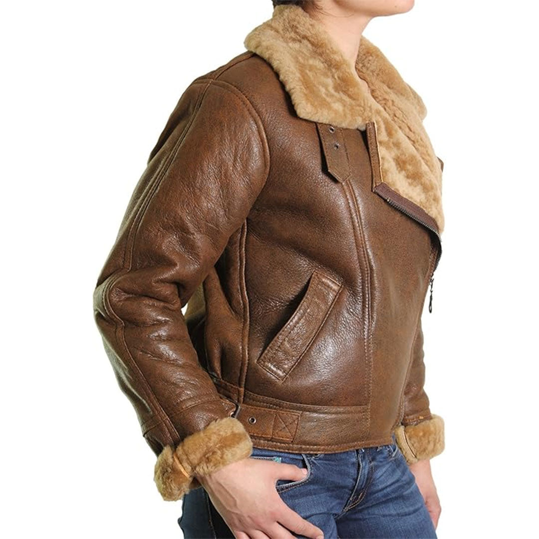 Women's Aviator Bomber Shearling Fur Leather Jacket