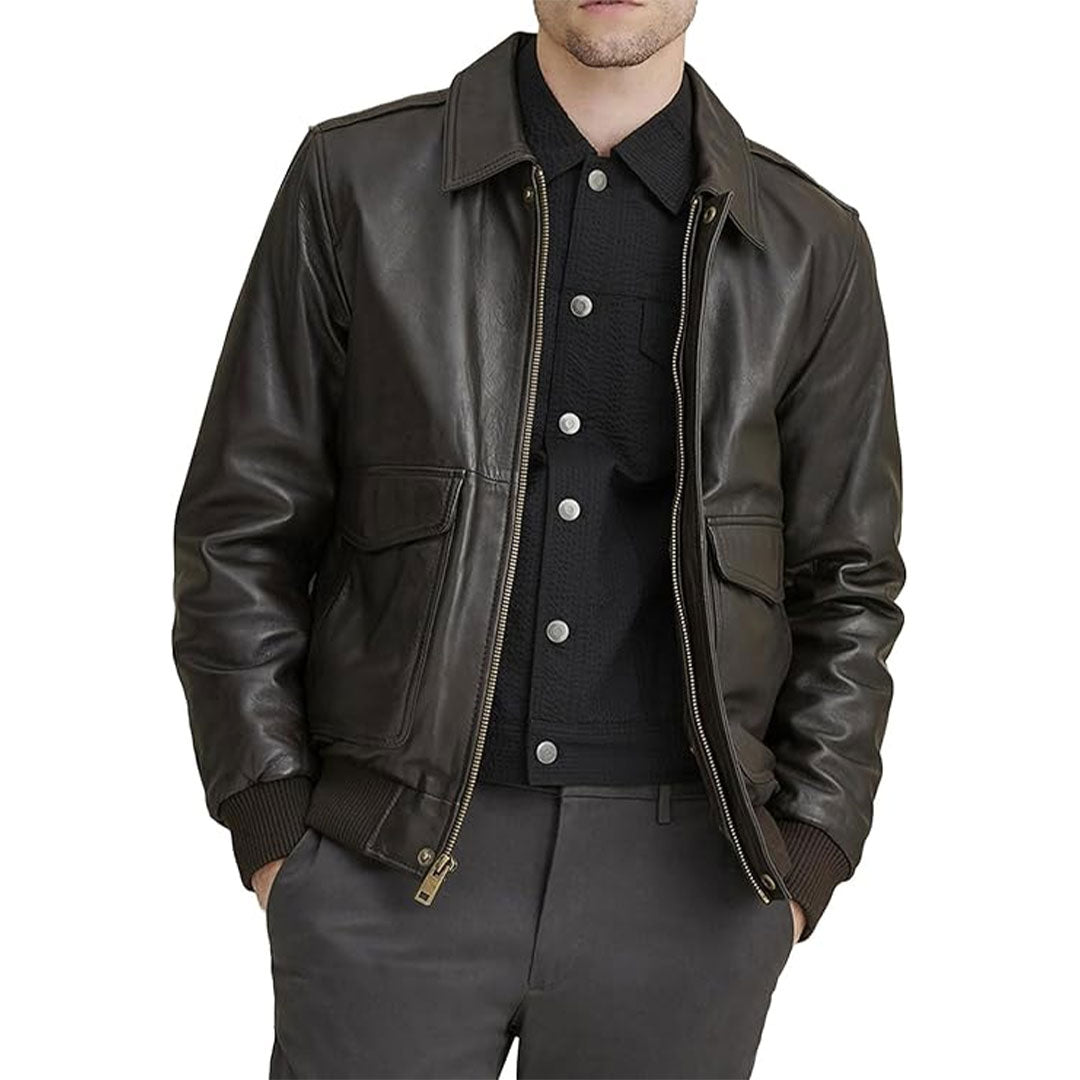 Men's Classic Shirt Collar Leather Bomber Jacket