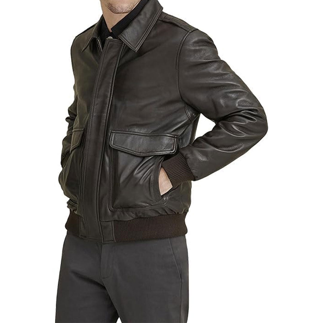 Men's Classic Shirt Collar Leather Bomber Jacket