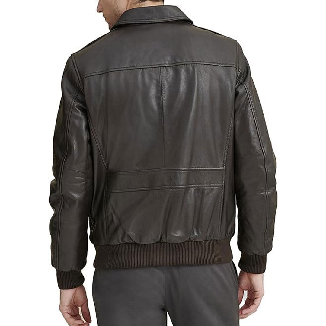 Men's Classic Shirt Collar Leather Bomber Jacket