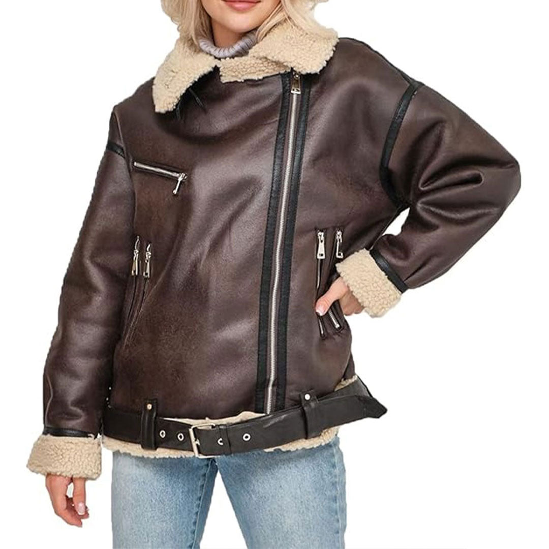 Women's Asymmetrical Sherpa Fur Real Leather Jacket