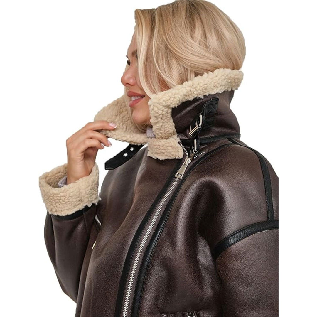 Women's Asymmetrical Sherpa Fur Real Leather Jacket