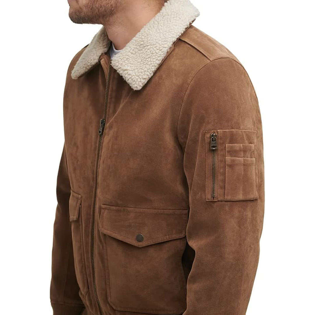 Men's Suede Leather Fur Collar Bomber Jacket