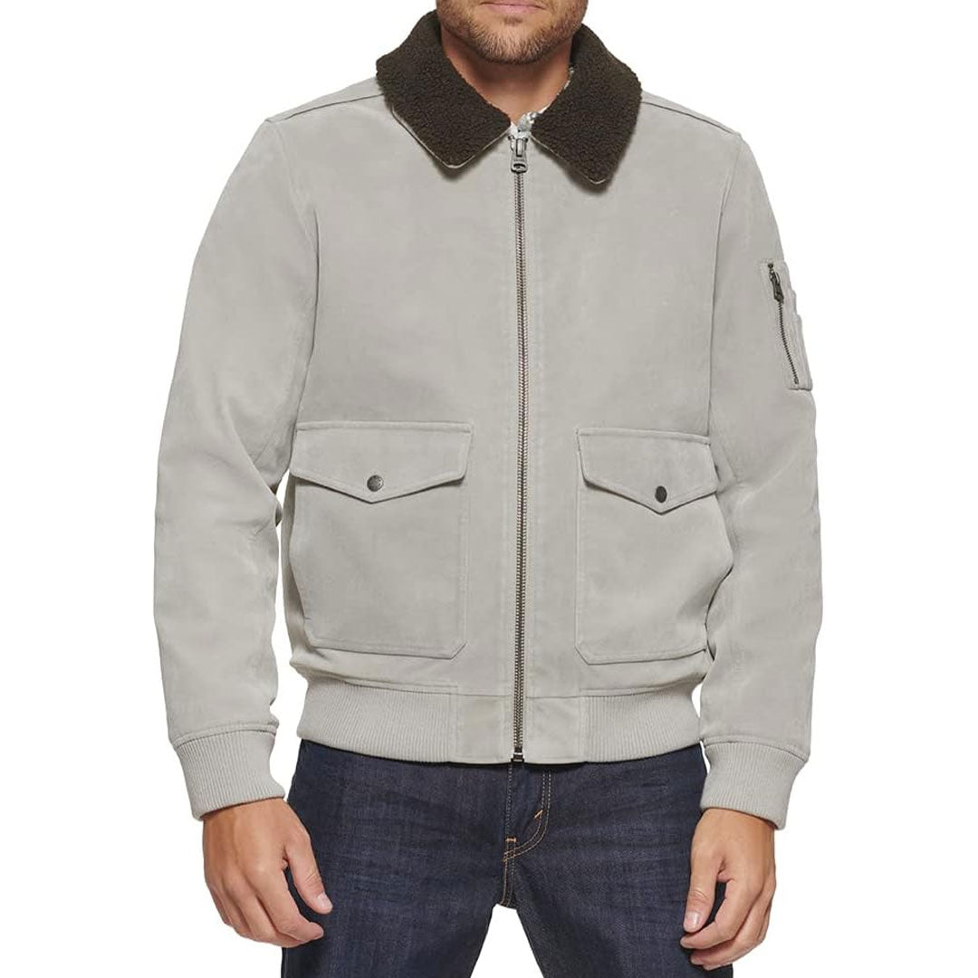 Men's Suede Leather Fur Collar Bomber Jacket