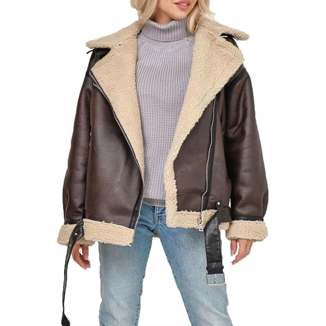 Women's Asymmetrical Sherpa Fur Real Leather Jacket