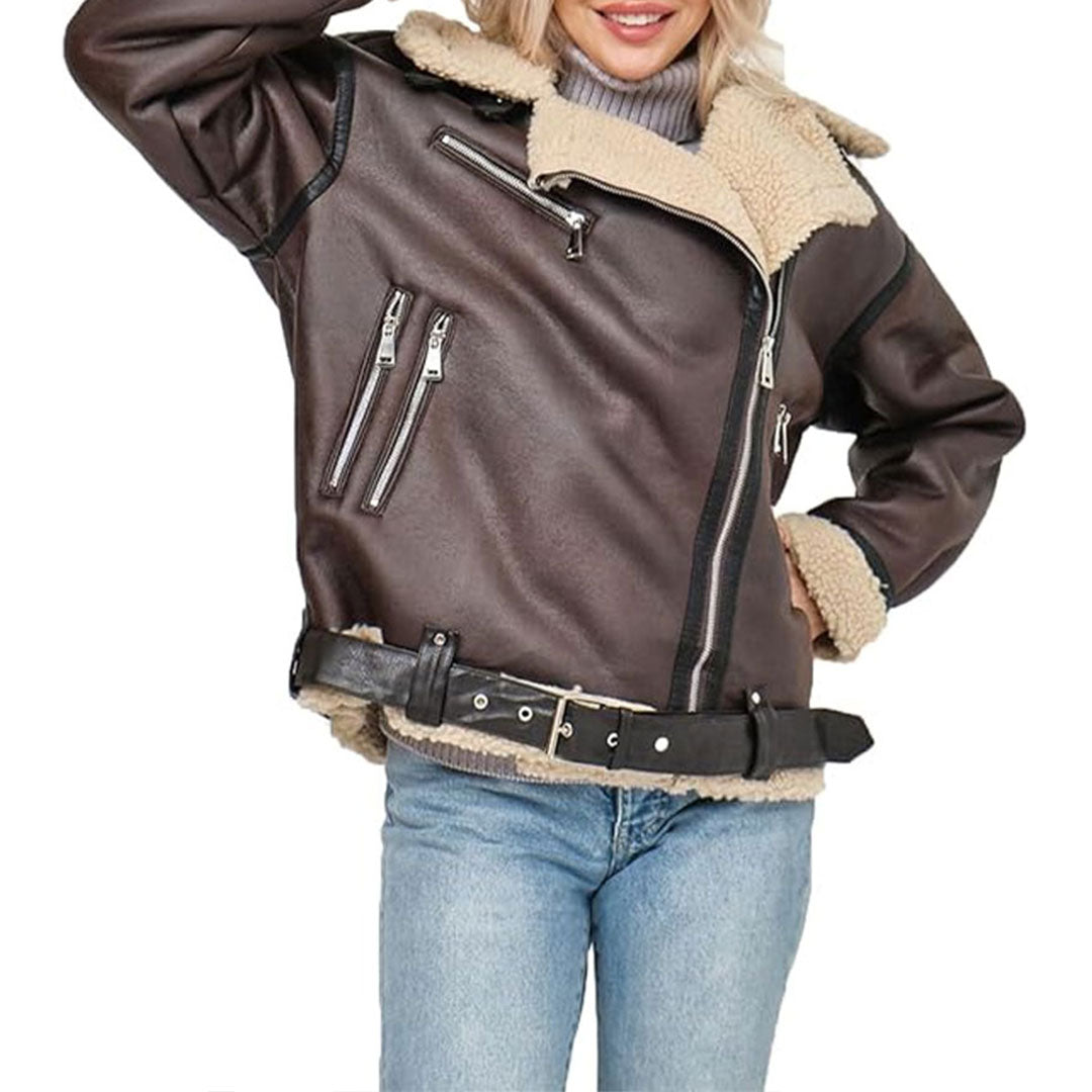 Women's Asymmetrical Sherpa Fur Real Leather Jacket