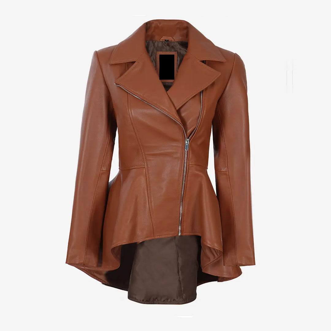 Women's Asymmetrical Cognac Peplum Leather Jacket