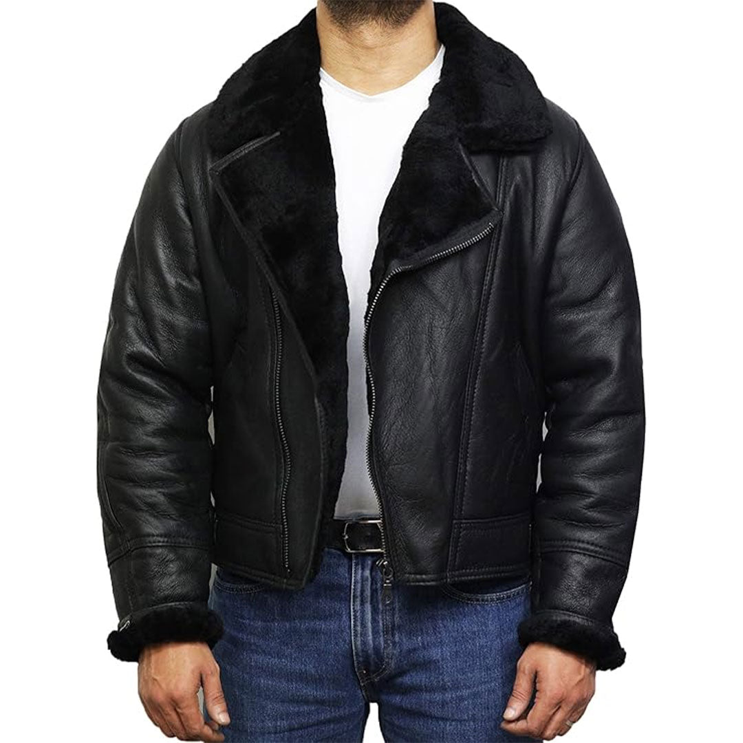 Men's Asymmetrical Aviator Original Leather Fur Jacket