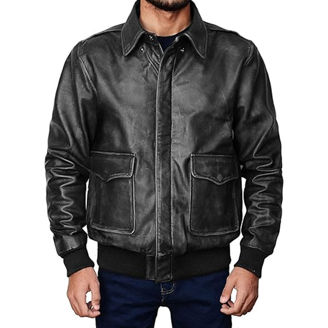 Men's Distressed Black Bomber Leather Jacket